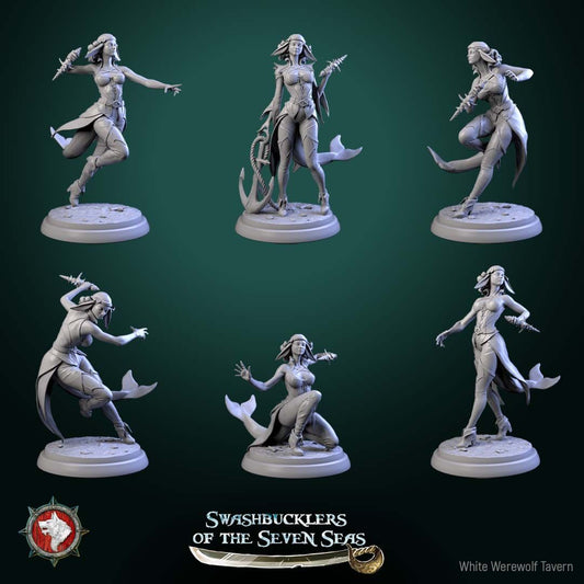 Render of Delphinid Raiders | 32mm Sea-Folk Pirate Miniatures: Six female dolphin-folk pirates with fin ears, tails, and shell daggers, from White Werewolf's Swashbucklers of the Seven Seas. 32mm resin, single or set.