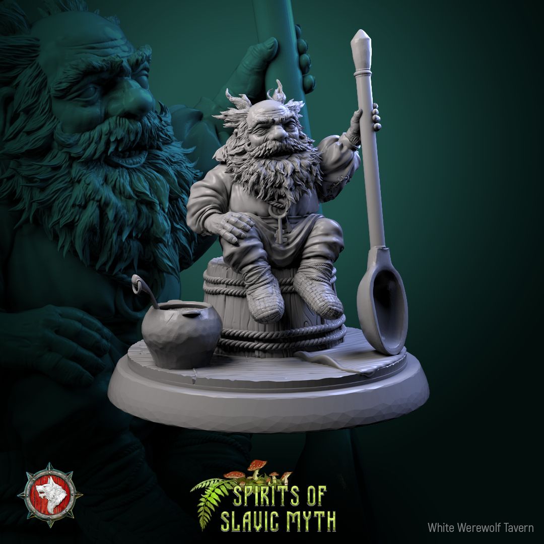 Render of Domovoi | 32mm Slavic House Spirit Miniatures: Three bearded domovoi house spirits with cat, samovar, and kasha pot, from White Werewolf's Spirits of Slavic Myth. 32mm resin, single or full set.