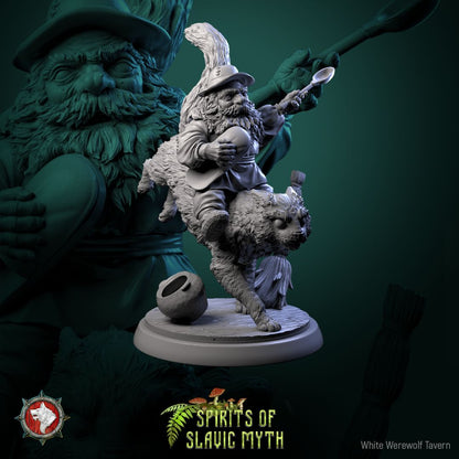 Render of Domovoi | 32mm Slavic House Spirit Miniatures: Three bearded domovoi house spirits with cat, samovar, and kasha pot, from White Werewolf's Spirits of Slavic Myth. 32mm resin, single or full set.