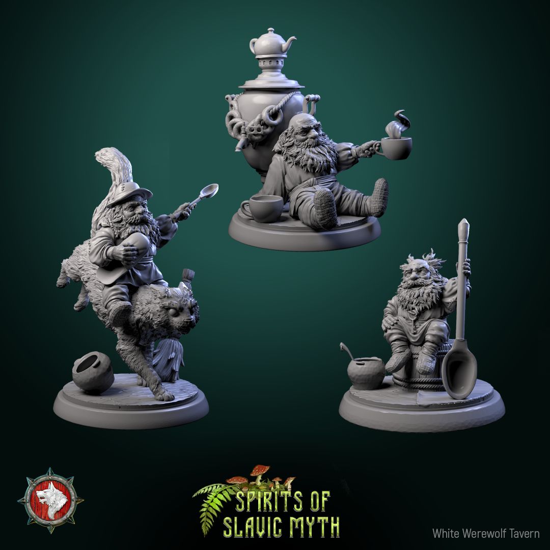 Render of Domovoi | 32mm Slavic House Spirit Miniatures: Three bearded domovoi house spirits with cat, samovar, and kasha pot, from White Werewolf's Spirits of Slavic Myth. 32mm resin, single or full set.