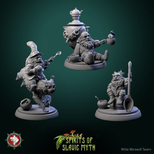 Render of Domovoi | 32mm Slavic House Spirit Miniatures: Three bearded domovoi house spirits with cat, samovar, and kasha pot, from White Werewolf's Spirits of Slavic Myth. 32mm resin, single or full set.