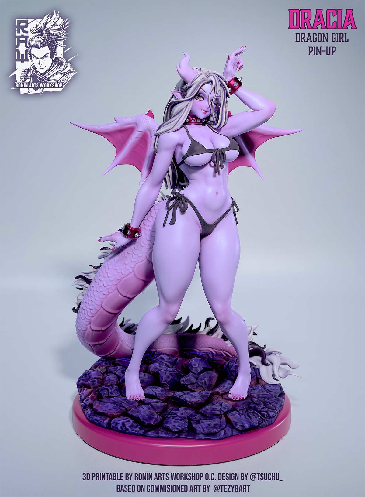 Dracia, Dragon Girl Pin-Up | Clothed or Nude | Resin 3D Printed Pinup | Ronin Arts Workshop