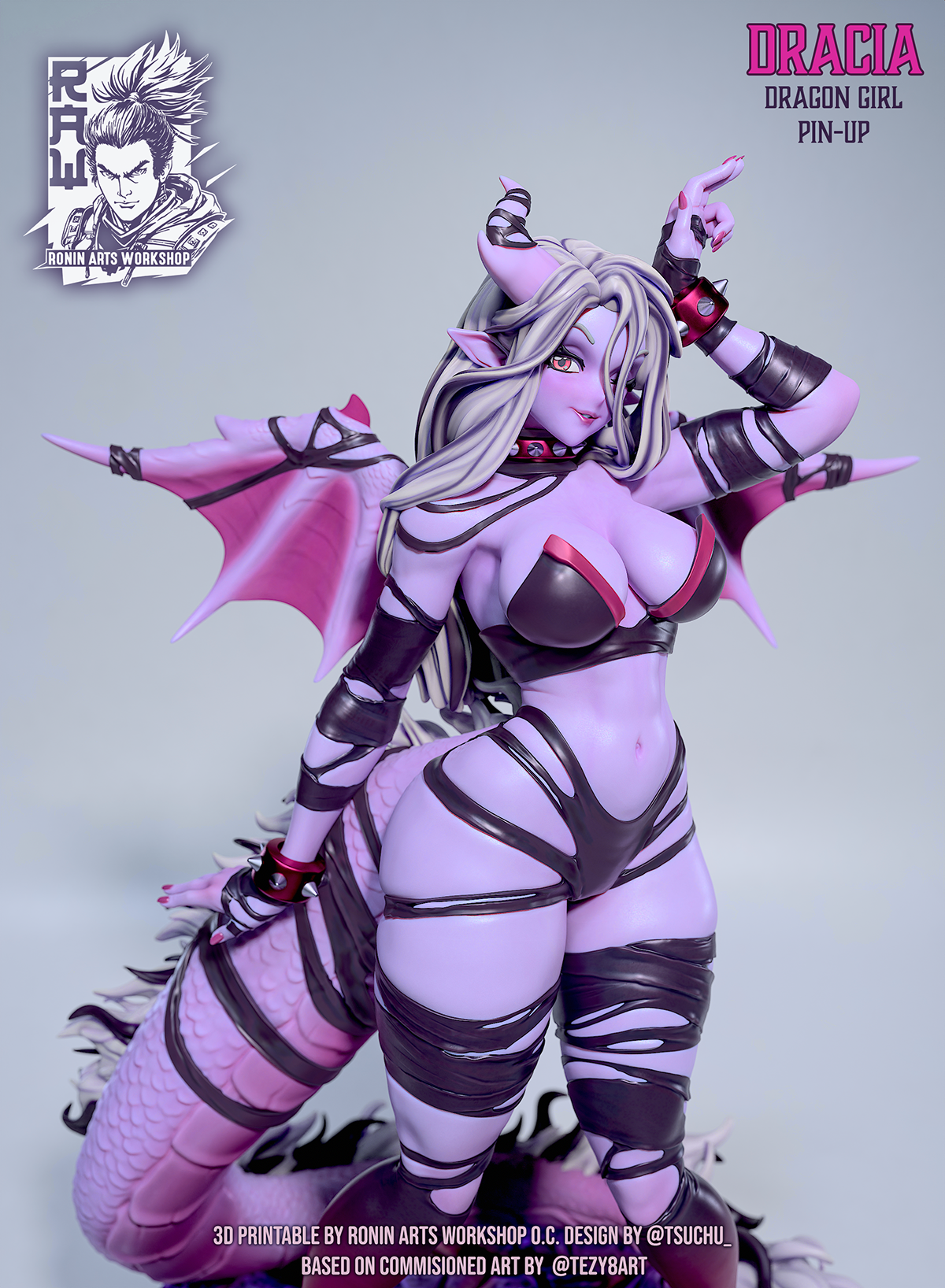 Dracia, Dragon Girl Pin-Up | Clothed or Nude | Resin 3D Printed Pinup | Ronin Arts Workshop