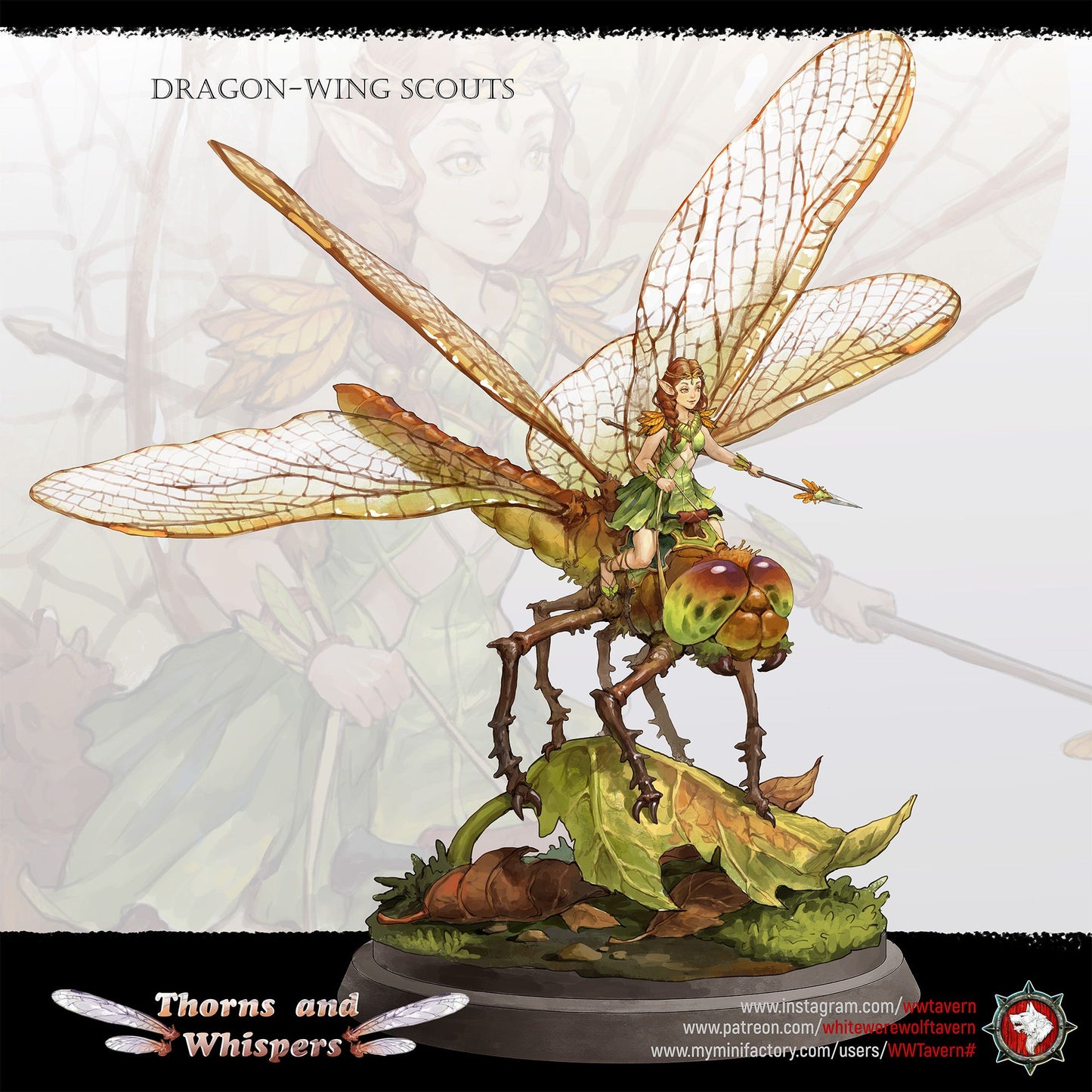 Dragon-wing Scouts painted key art showing the dragonfly mount with a fey rider on a leaf base