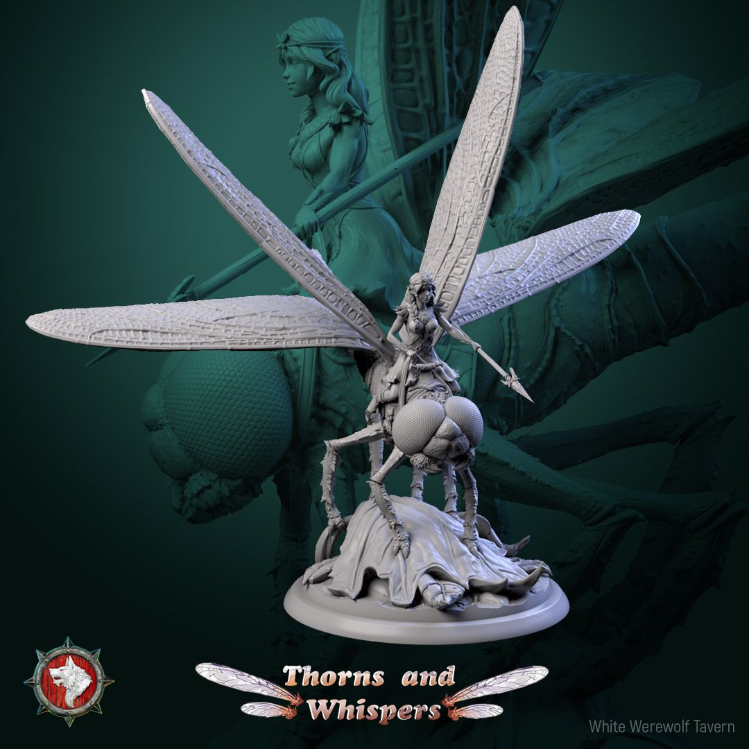 Dragon-wing Scout Model 1, 32mm fey rider with couched spear on a dragonfly over a leaf mound