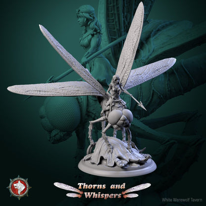 Dragon-wing Scout Model 1, 32mm fey rider with couched spear on a dragonfly over a leaf mound