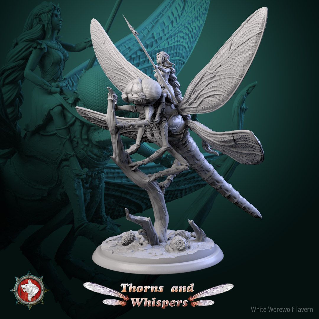 Dragon-wing Scout Model 2, 32mm fey rider with raised spear on a dragonfly perched on a branch
