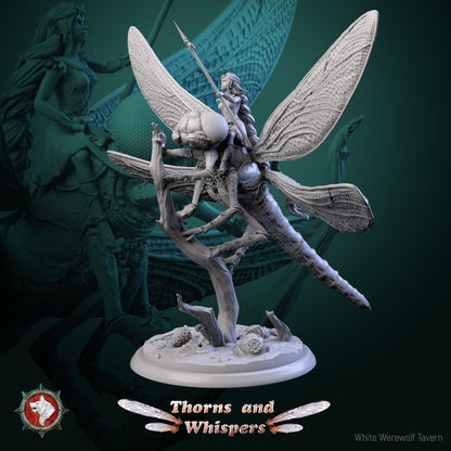 Dragon-wing Scout Model 2, 32mm fey rider with raised spear on a dragonfly perched on a branch