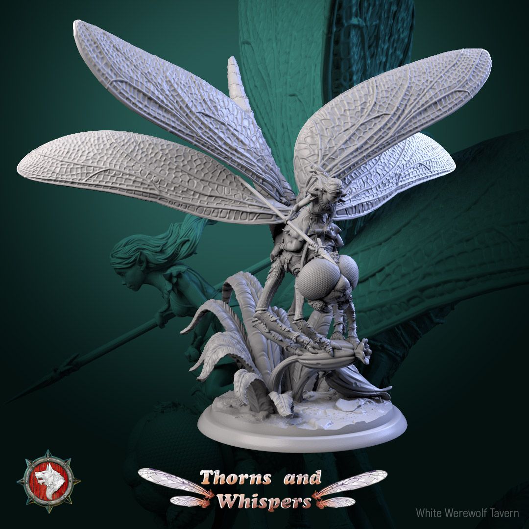 Dragon-wing Scout Model 3, 32mm fey rider on a dragonfly diving into a grass tuft