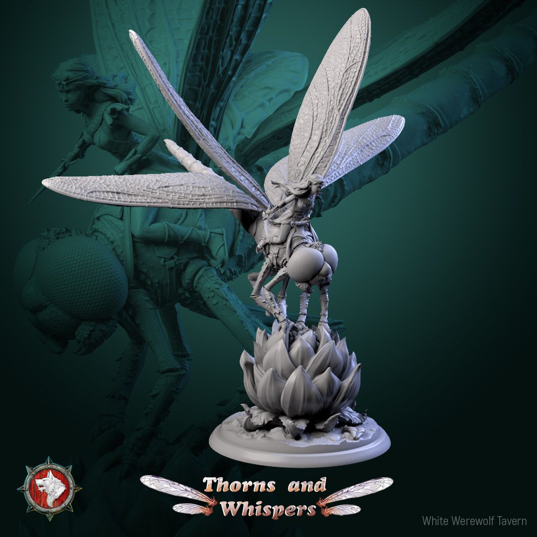 Dragon-wing Scout Model 5, 32mm fey rider on a dragonfly perched on a lotus bud