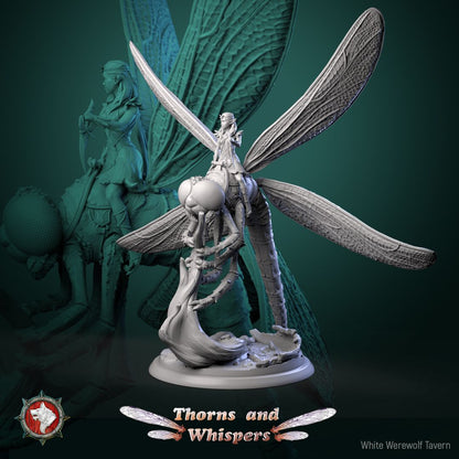 Dragon-wing Scout Model 6, 32mm fey rider on a dragonfly bent over a curled root