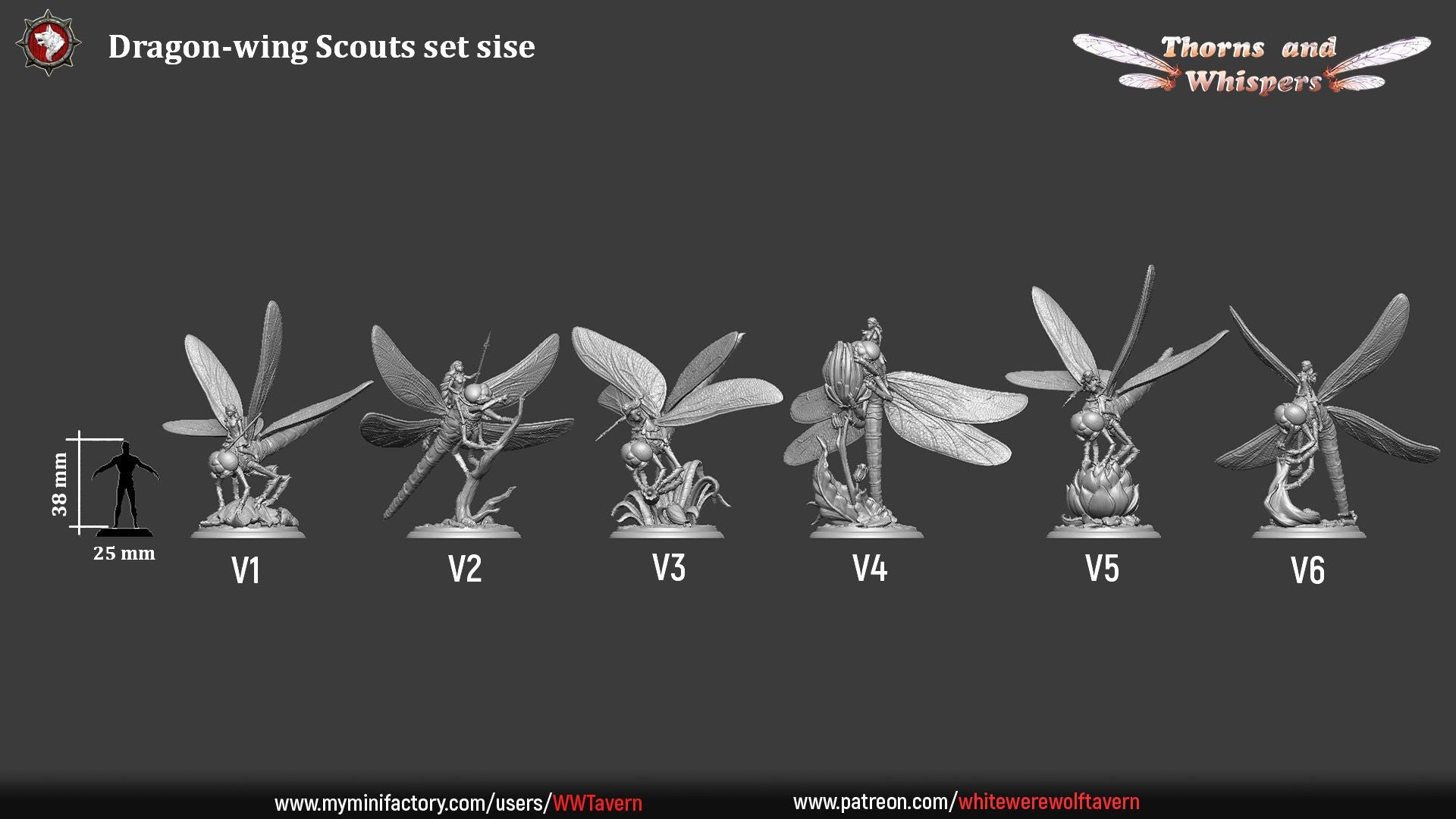 Dragon-wing Scouts dimension sheet, six 32mm mounted sculpts labeled V1 to V6 with scale silhouette