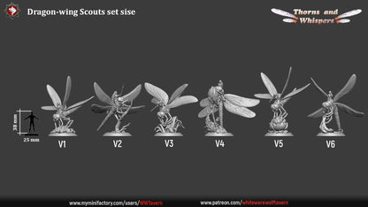 Dragon-wing Scouts dimension sheet, six 32mm mounted sculpts labeled V1 to V6 with scale silhouette