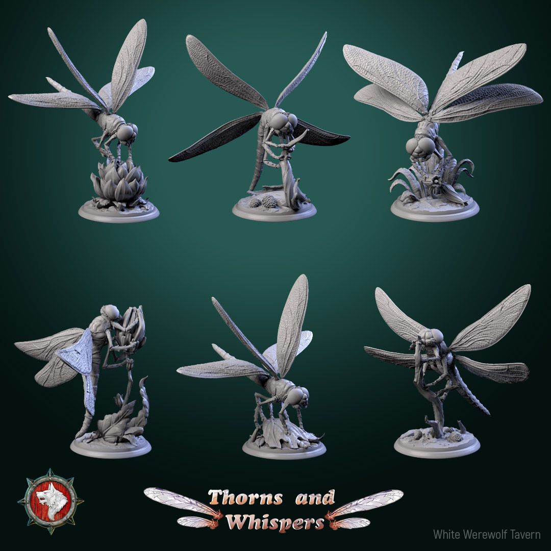 Dragonfly set of six 32mm giant dragonfly miniatures perched on leaves, flowers and branches