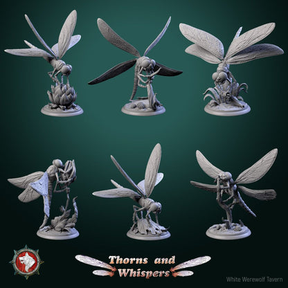 Dragonfly set of six 32mm giant dragonfly miniatures perched on leaves, flowers and branches