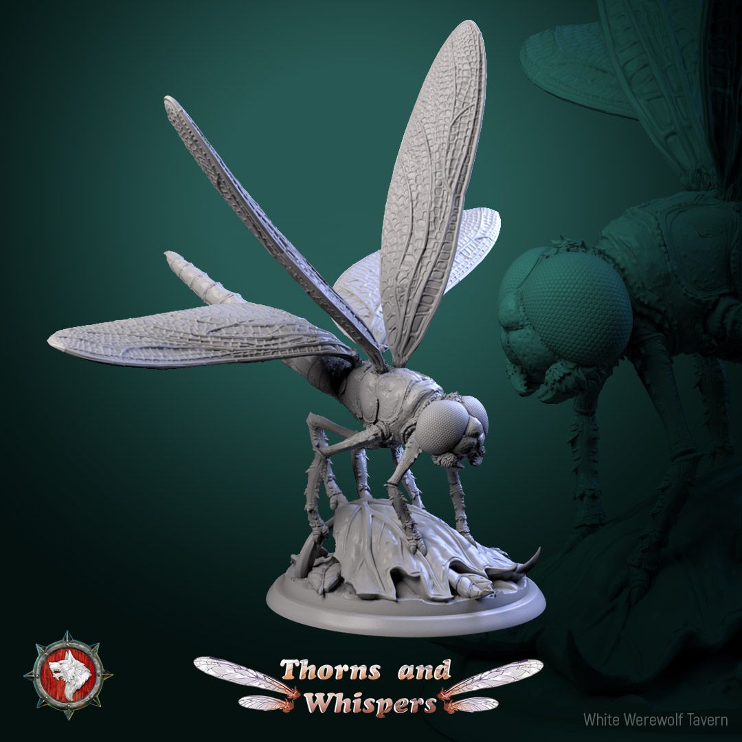 Dragonfly Model 1, 32mm dragonfly miniature standing on a leaf pile with wings swept back
