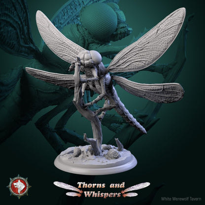 Dragonfly Model 2, 32mm dragonfly miniature clinging to a branch with tail hanging down