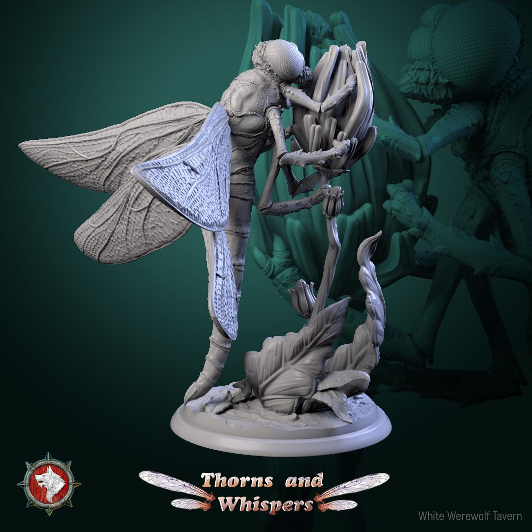 Dragonfly Model 4, 32mm dragonfly miniature climbing a tulip flower stalk