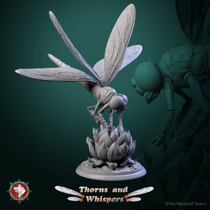 Dragonfly Model 5, 32mm dragonfly miniature perched on a lotus bud