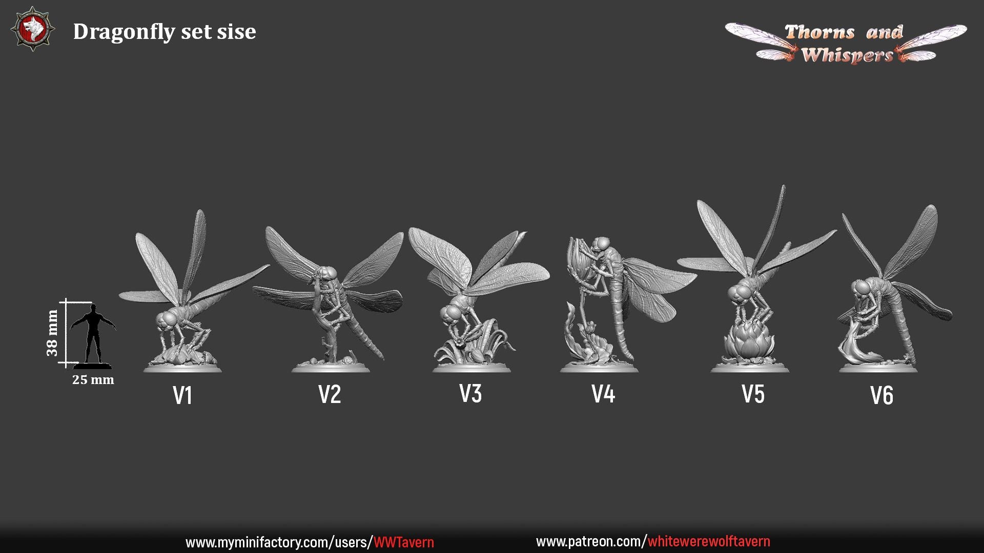Dragonfly set dimension sheet, six 32mm sculpts labeled V1 to V6 at 38mm height with scale silhouette