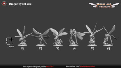 Dragonfly set dimension sheet, six 32mm sculpts labeled V1 to V6 at 38mm height with scale silhouette