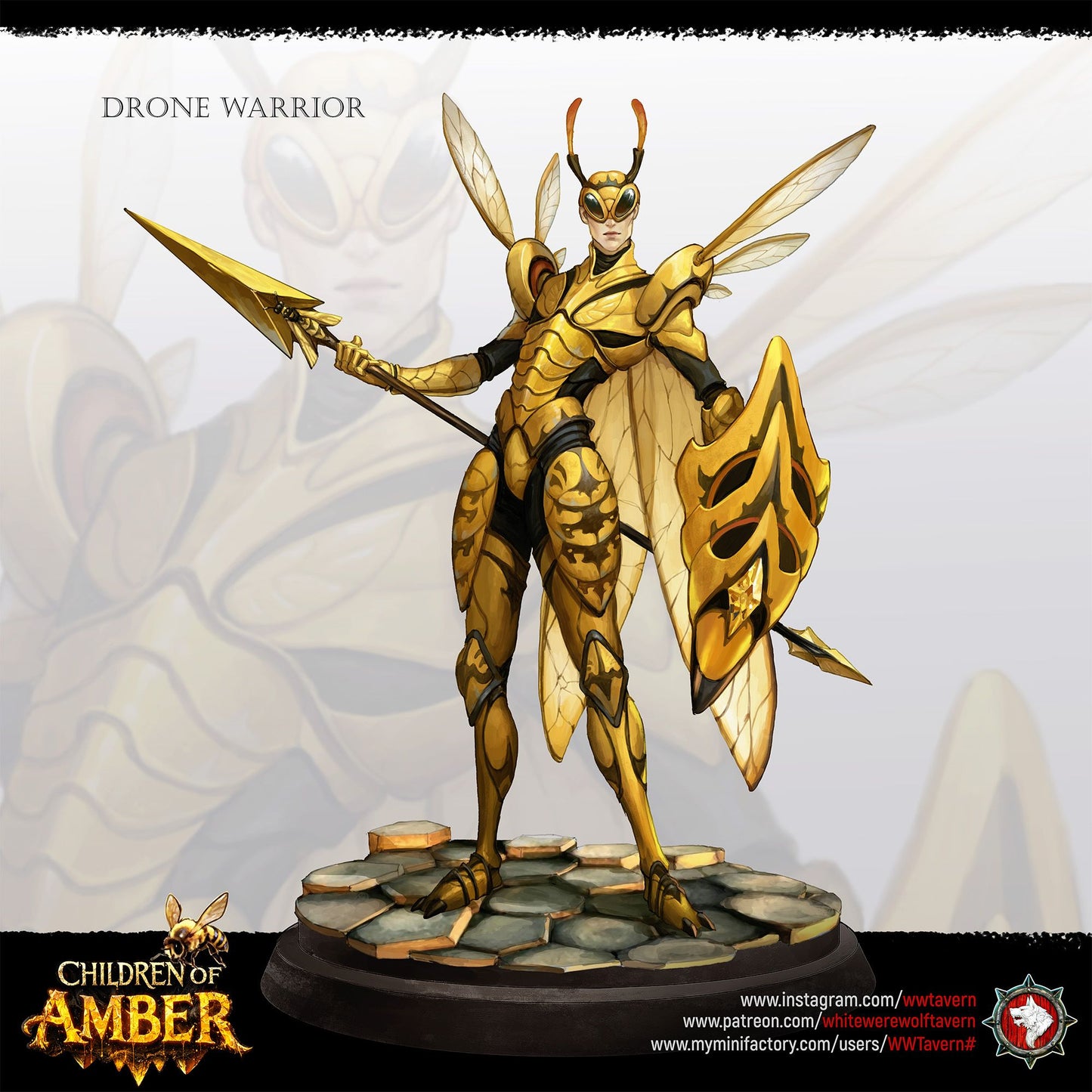Render of Drone Warriors | 32mm Fantasy Insect Spear Infantry Miniatures: Six gilded insect-kin hive soldiers with spears, shields, and wasp wings, from White Werewolf's Children of Amber. 32mm 3D printed resin, single or set.