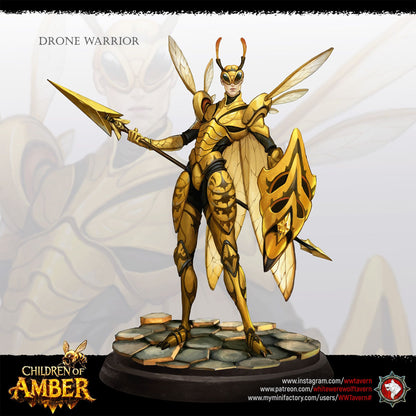 Render of Drone Warriors | 32mm Fantasy Insect Spear Infantry Miniatures: Six gilded insect-kin hive soldiers with spears, shields, and wasp wings, from White Werewolf's Children of Amber. 32mm 3D printed resin, single or set.
