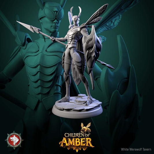 Render of Drone Warriors | 32mm Fantasy Insect Spear Infantry Miniatures: Six gilded insect-kin hive soldiers with spears, shields, and wasp wings, from White Werewolf's Children of Amber. 32mm 3D printed resin, single or set.