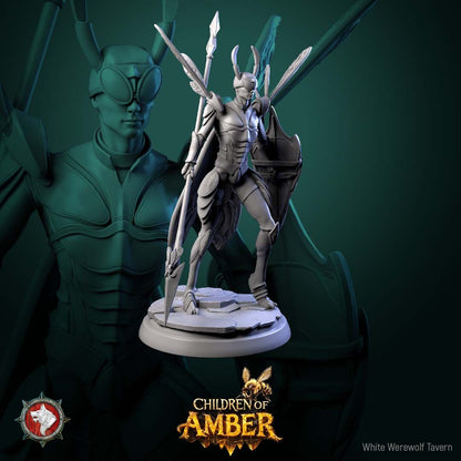 Render of Drone Warriors | 32mm Fantasy Insect Spear Infantry Miniatures: Six gilded insect-kin hive soldiers with spears, shields, and wasp wings, from White Werewolf's Children of Amber. 32mm 3D printed resin, single or set.