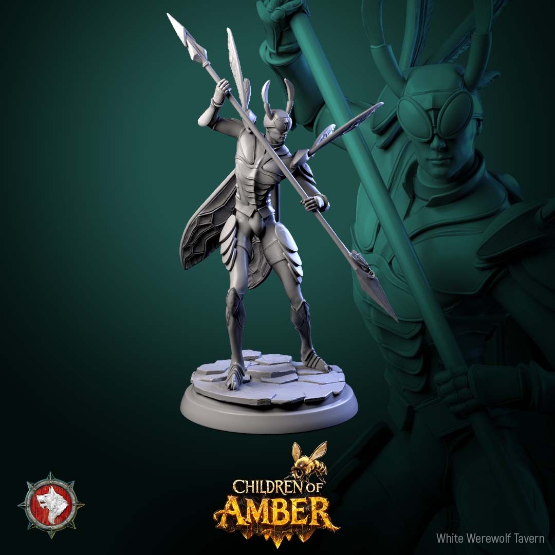 Render of Drone Warriors | 32mm Fantasy Insect Spear Infantry Miniatures: Six gilded insect-kin hive soldiers with spears, shields, and wasp wings, from White Werewolf's Children of Amber. 32mm 3D printed resin, single or set.