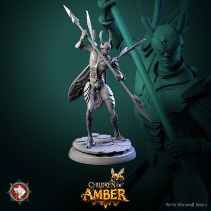Render of Drone Warriors | 32mm Fantasy Insect Spear Infantry Miniatures: Six gilded insect-kin hive soldiers with spears, shields, and wasp wings, from White Werewolf's Children of Amber. 32mm 3D printed resin, single or set.