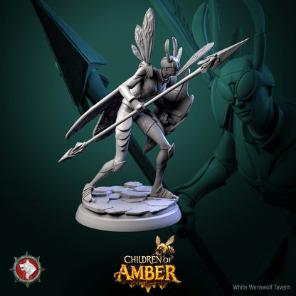 Render of Drone Warriors | 32mm Fantasy Insect Spear Infantry Miniatures: Six gilded insect-kin hive soldiers with spears, shields, and wasp wings, from White Werewolf's Children of Amber. 32mm 3D printed resin, single or set.
