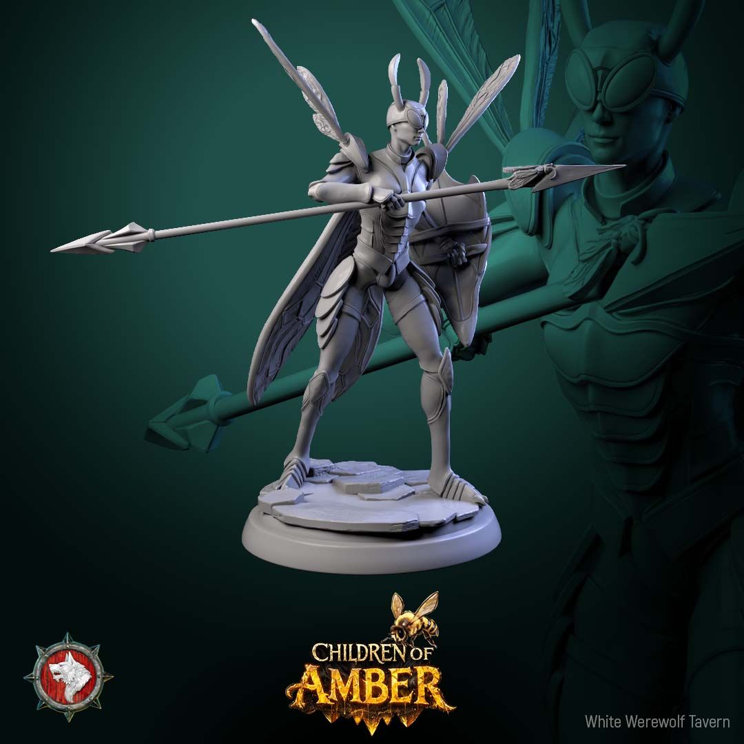 Render of Drone Warriors | 32mm Fantasy Insect Spear Infantry Miniatures: Six gilded insect-kin hive soldiers with spears, shields, and wasp wings, from White Werewolf's Children of Amber. 32mm 3D printed resin, single or set.