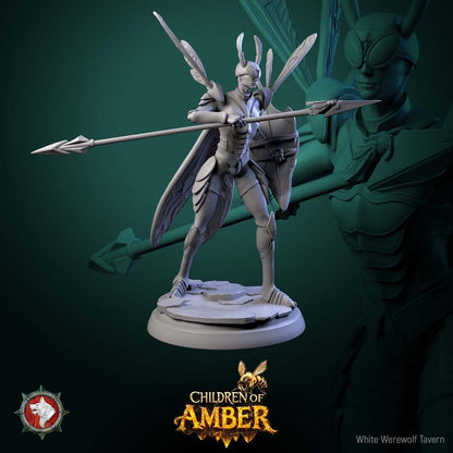 Render of Drone Warriors | 32mm Fantasy Insect Spear Infantry Miniatures: Six gilded insect-kin hive soldiers with spears, shields, and wasp wings, from White Werewolf's Children of Amber. 32mm 3D printed resin, single or set.