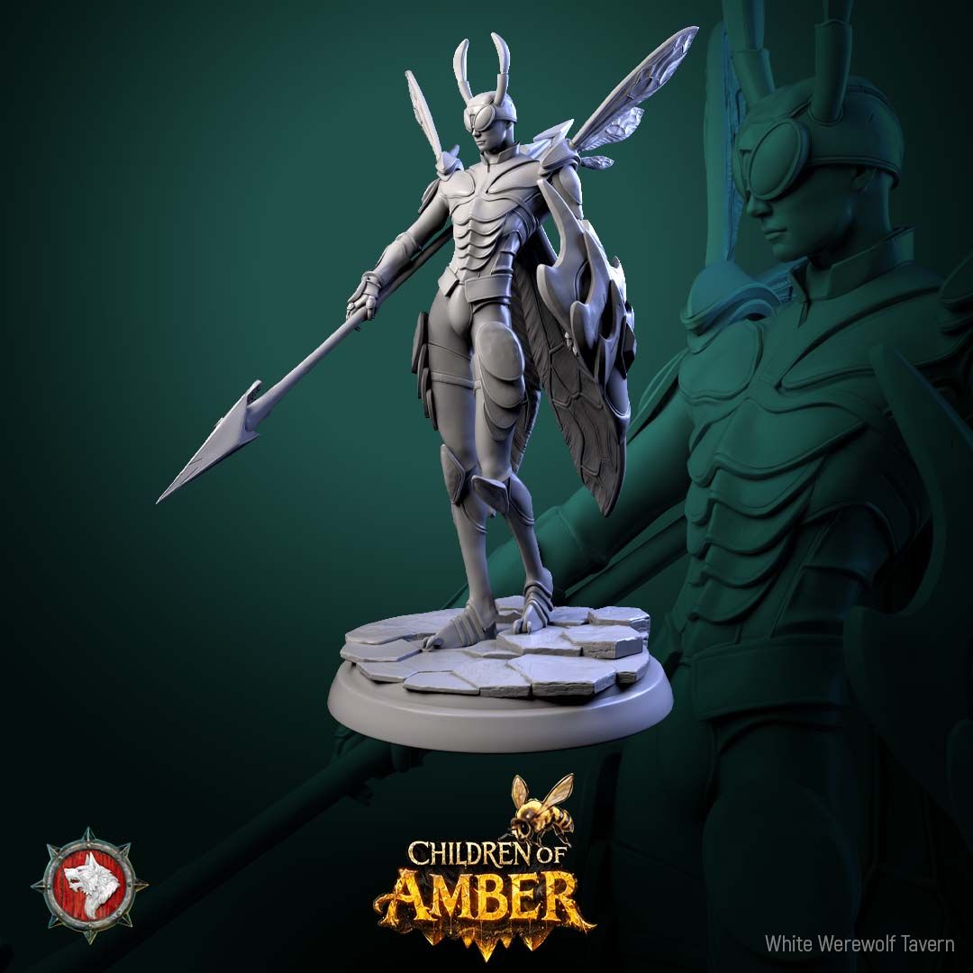 Render of Drone Warriors | 32mm Fantasy Insect Spear Infantry Miniatures: Six gilded insect-kin hive soldiers with spears, shields, and wasp wings, from White Werewolf's Children of Amber. 32mm 3D printed resin, single or set.
