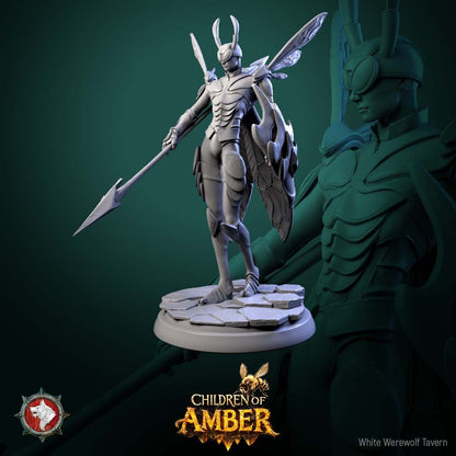 Render of Drone Warriors | 32mm Fantasy Insect Spear Infantry Miniatures: Six gilded insect-kin hive soldiers with spears, shields, and wasp wings, from White Werewolf's Children of Amber. 32mm 3D printed resin, single or set.