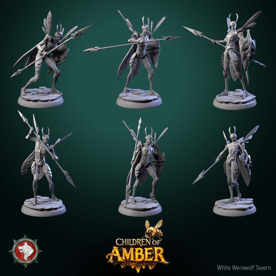 Render of Drone Warriors | 32mm Fantasy Insect Spear Infantry Miniatures: Six gilded insect-kin hive soldiers with spears, shields, and wasp wings, from White Werewolf's Children of Amber. 32mm 3D printed resin, single or set.