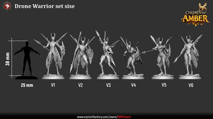 Render of Drone Warriors | 32mm Fantasy Insect Spear Infantry Miniatures: Six gilded insect-kin hive soldiers with spears, shields, and wasp wings, from White Werewolf's Children of Amber. 32mm 3D printed resin, single or set.