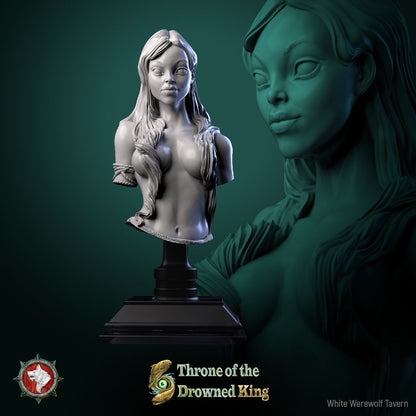 Render of Drowned Mistress Bust | Mermaid Siren Collector Bust: Drowned mermaid siren bust with flowing hair and shell wrap, from White Werewolf's Throne of the Drowned King. 3D printed resin collector bust.