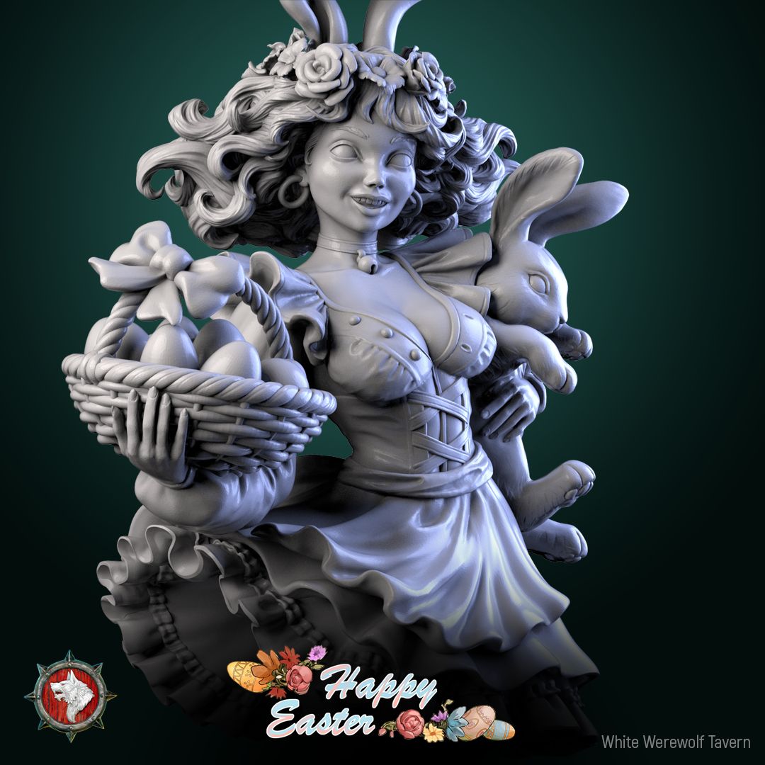 Render of Easter Rabbit | 32-75mm Bunny Girl Pin-Up Miniature: Fantasy female bunny pin-up with egg basket and shoulder rabbit, from White Werewolf's Easter release. 32-75mm 3D printed resin miniature.