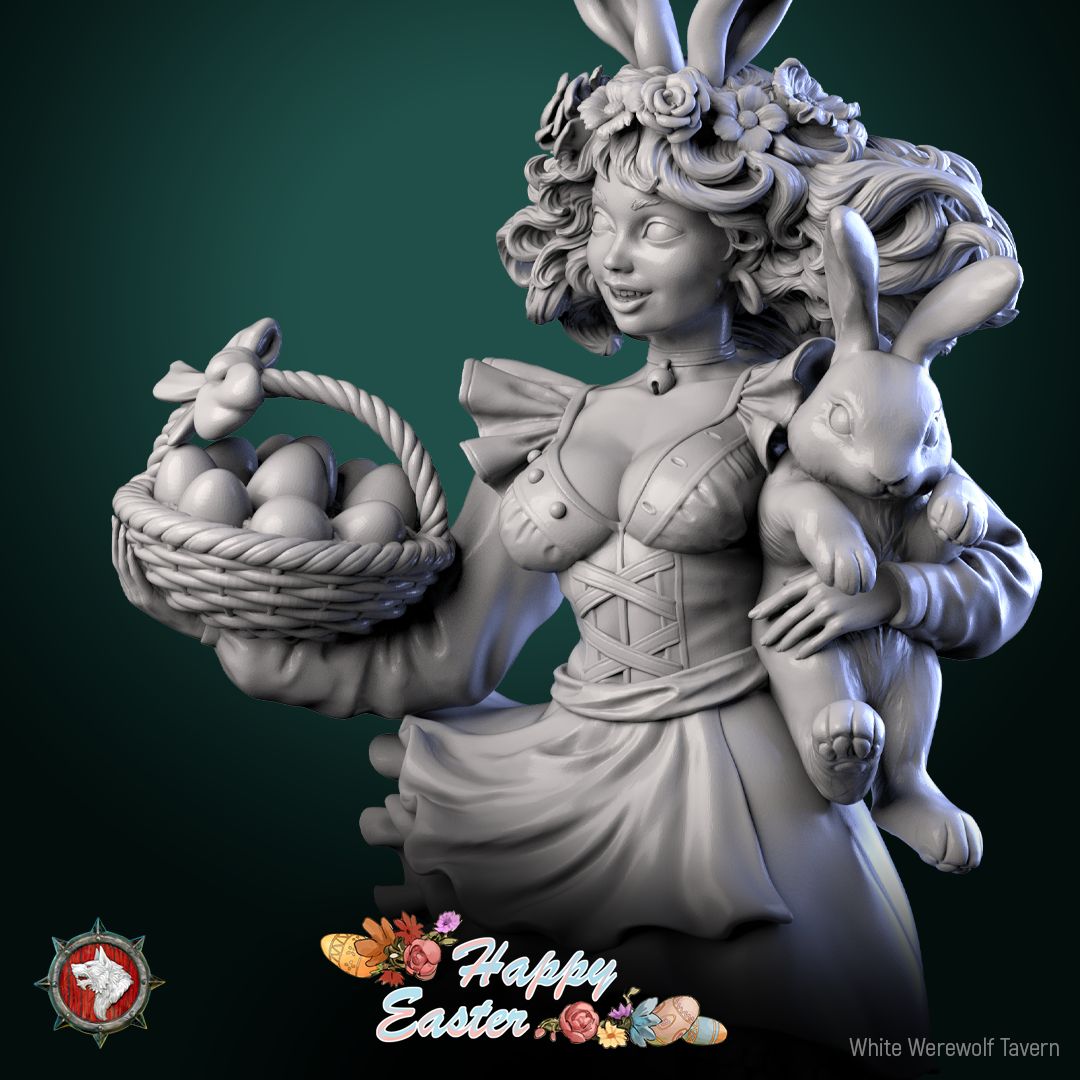 Render of Easter Rabbit | 32-75mm Bunny Girl Pin-Up Miniature: Fantasy female bunny pin-up with egg basket and shoulder rabbit, from White Werewolf's Easter release. 32-75mm 3D printed resin miniature.