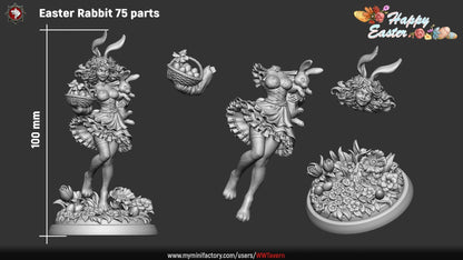 Render of Easter Rabbit | 32-75mm Bunny Girl Pin-Up Miniature: Fantasy female bunny pin-up with egg basket and shoulder rabbit, from White Werewolf's Easter release. 32-75mm 3D printed resin miniature.
