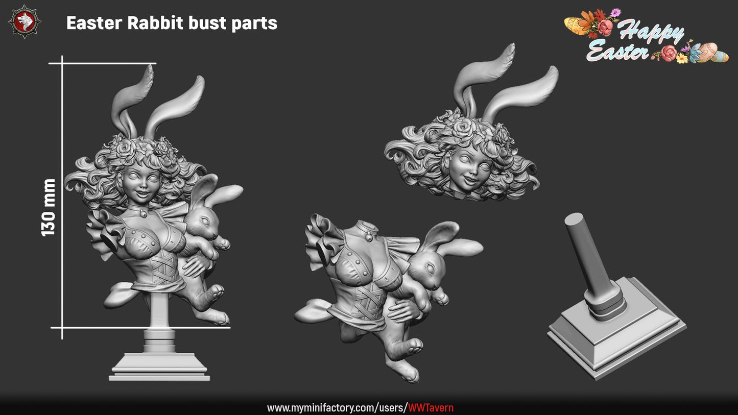 Render of Easter Rabbit Bust | Bunny Girl Collector Bust: Bunny-eared pin-up bust with rose-crowned curls and choker bell, from White Werewolf's Easter release. 3D printed resin collector bust with stand.