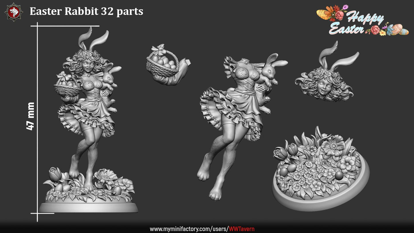 Render of Easter Rabbit | 32-75mm Bunny Girl Pin-Up Miniature: Fantasy female bunny pin-up with egg basket and shoulder rabbit, from White Werewolf's Easter release. 32-75mm 3D printed resin miniature.