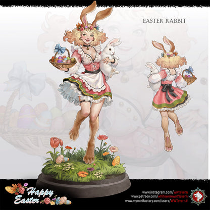 Render of Easter Rabbit Bust | Bunny Girl Collector Bust: Bunny-eared pin-up bust with rose-crowned curls and choker bell, from White Werewolf's Easter release. 3D printed resin collector bust with stand.