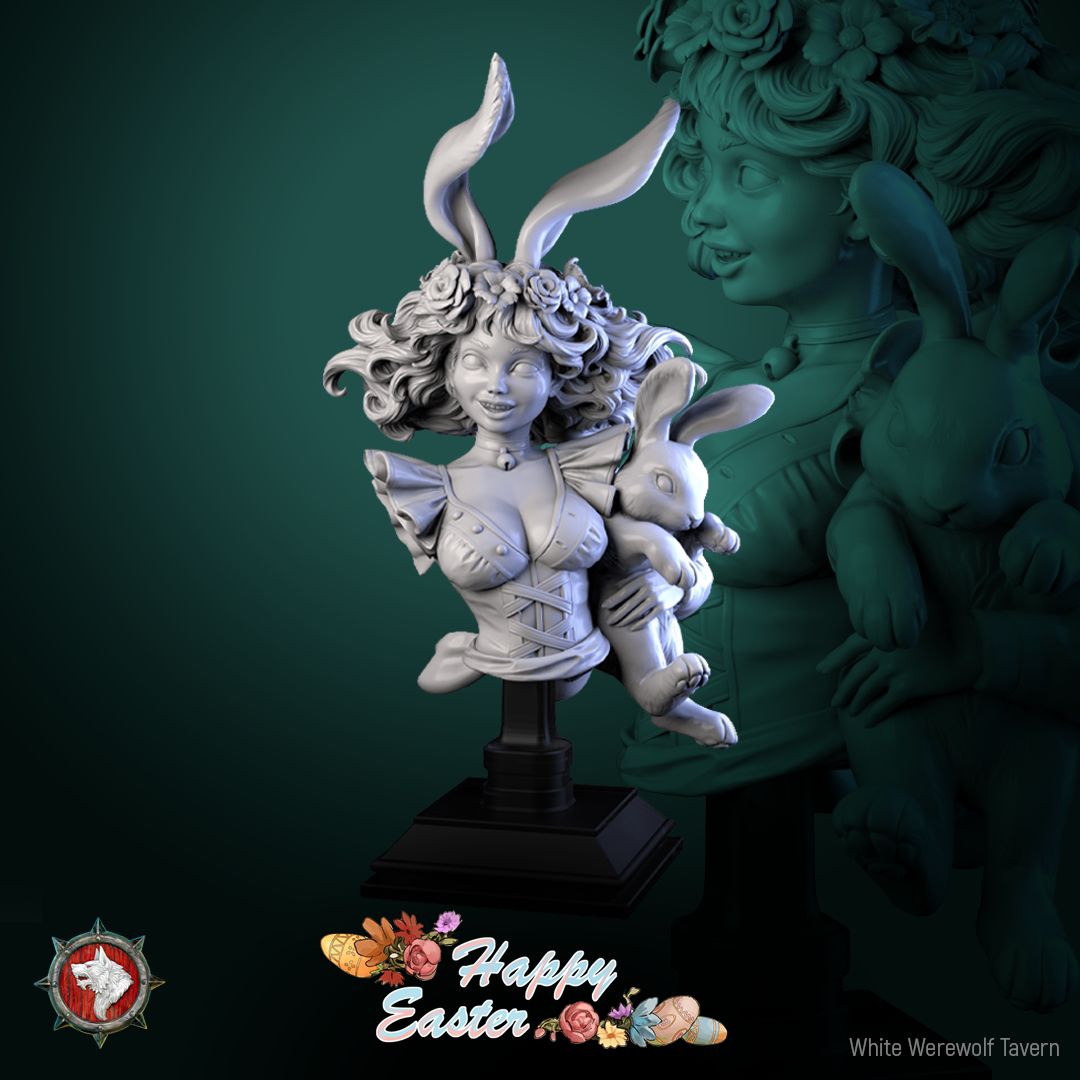 Render of Easter Rabbit Bust | Bunny Girl Collector Bust: Bunny-eared pin-up bust with rose-crowned curls and choker bell, from White Werewolf's Easter release. 3D printed resin collector bust with stand.