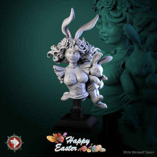 Render of Easter Rabbit Bust | Bunny Girl Collector Bust: Bunny-eared pin-up bust with rose-crowned curls and choker bell, from White Werewolf's Easter release. 3D printed resin collector bust with stand.