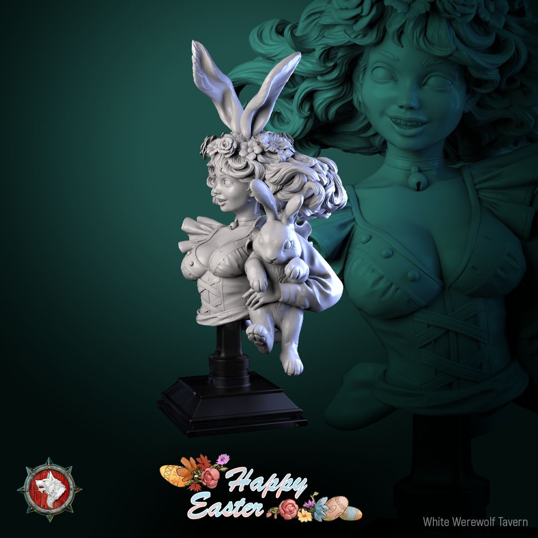 Render of Easter Rabbit Bust | Bunny Girl Collector Bust: Bunny-eared pin-up bust with rose-crowned curls and choker bell, from White Werewolf's Easter release. 3D printed resin collector bust with stand.