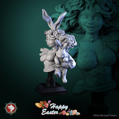 Render of Easter Rabbit Bust | Bunny Girl Collector Bust: Bunny-eared pin-up bust with rose-crowned curls and choker bell, from White Werewolf's Easter release. 3D printed resin collector bust with stand.