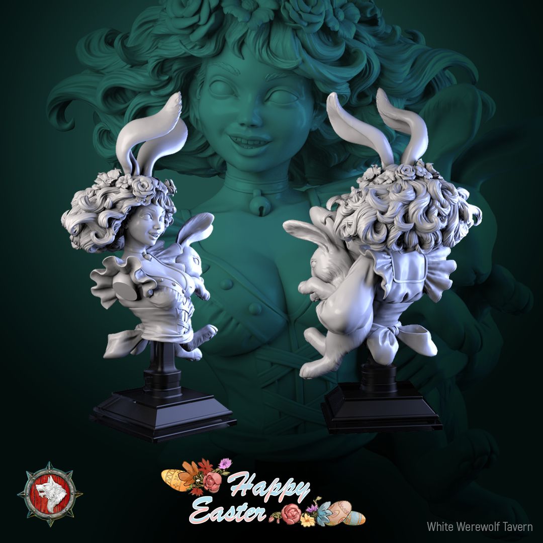 Render of Easter Rabbit Bust | Bunny Girl Collector Bust: Bunny-eared pin-up bust with rose-crowned curls and choker bell, from White Werewolf's Easter release. 3D printed resin collector bust with stand.